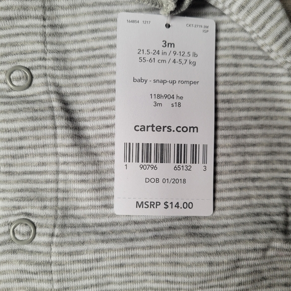 Carters Infant Boys Gray Striped Monkey Shortie Romper Baby Bodysuit Outfit - Picture 6 of 9